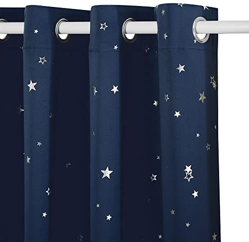 PONY DANCE Thermal Curtains for Children - Noise Reducing Kids Blackout Curtains with Eyelet Foil Printed Stars Pattern Curtains for Preteen Boys Bedroom/Bay Window, 66 x 72 Inch, 1 Pair