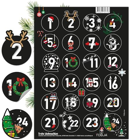 TOBJA Adventskalender Zahlen Aufkleber - 24 Sticker Zahlenaufkleber 1-24 Weihnachten | Einzigartige Adventsaufkleber für besondere Momente | Adventkalender Sticker (Schwarz-Bunt)