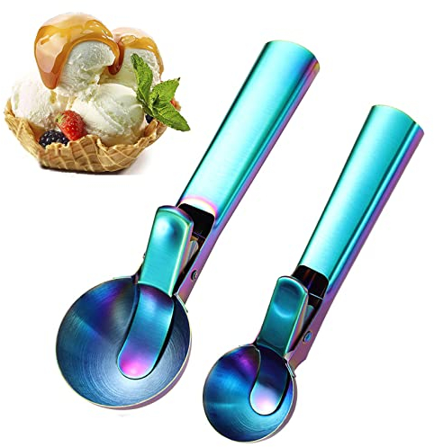 Cuchara de helado, 2 cucharas de galletas arcoíris de acero inoxidable con gatillo, conos de cuchara de melón, herramientas y dispositivos especiales, cuchara de helado, cuchara de alimentos para