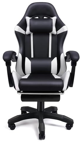 BOLLI Chaise Gaming, Siège de Bureau réglable, Fauteuil Gaming avec Repose-Pieds télescopique, Ergonomique, mécanisme basculent, Appui-tête, Support Lombaire, Charge 150 kg, Noir et Blanc