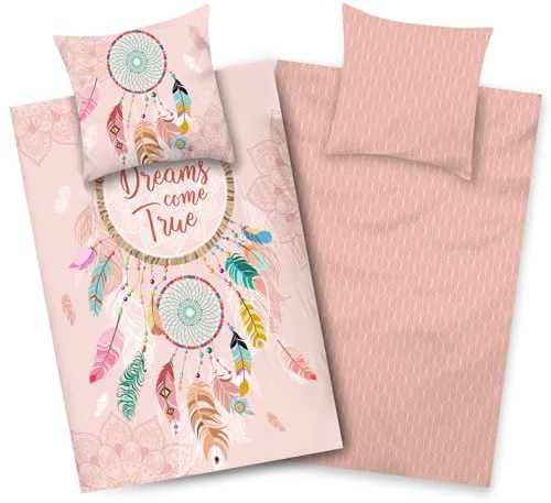 Aminata kids Bettwäsche 135x200 Traumfänger-Motiv Mädchen Baumwolle Wende-Kinder-Bettwäsche-Set Dreamcatcher Federn YKK Reißverschluss rosa