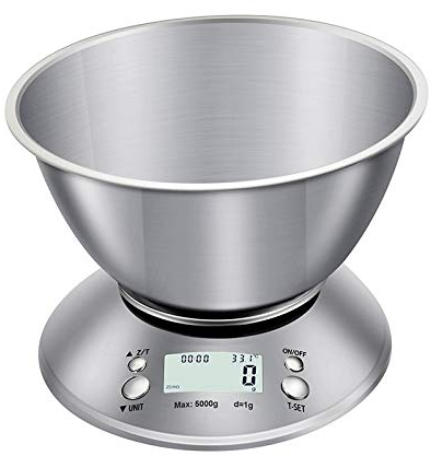 Bilancia elettronica da cucina in acciaio inossidabile 5 kg Bilancia per cottura alimentare ad alta precisione per uso domestico con vassoio, 3 unità, conversione della temperatura e tempo (5 kg/1 g)
