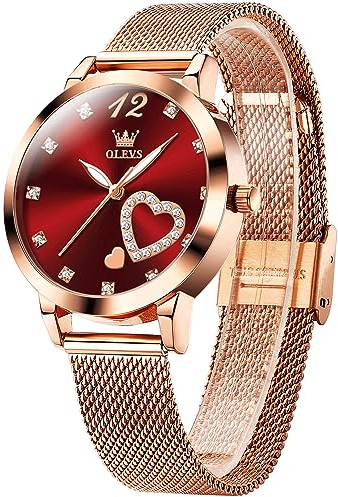 OLEVS Roségold Armbanduhr Damen Edelstahl Schicke Ultradünne Damenuhr Rote Zifferblatt mit Herz Diamant Analog Kleid Uhr Damen Mesh Armband Quarz Wasserdicht Uhren Frauen Leuchtend Geschenke