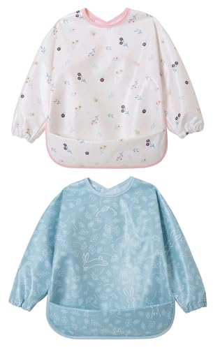 Little Dimsum Lätzchen Baby Lätzchen mit Ärmeln, Lätzchen Wasserdicht Abwaschbar Ärmellätzchen, Baby Bibs Set für Kleinkinder mit Großer Tasche (6-36 Monate) - 2er-Pack (Leaf&Flower)