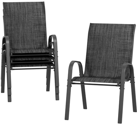 Amopatio 4er Set Gartenstühle Stapelbar, Hochlehner Stapelstühle aus Textilene und Metallgestell, Terrassenstühle Balkonstuhl mit Armlehnen Wetterfest, 60 x 72 x 96 cm, Schwarz