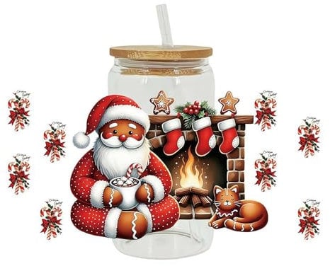 UV DTF- Cup Wrap, 2024 Christmas Transfer Stickers for Glass Cups, Xmas Tree Snowman Elk Rub on Transfers for DIY Craft, Waterproof Decals (style B)