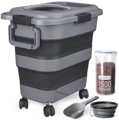 TIOVERY Dog Food Storage Container,10-20 lbs Airtight Collapsible Cat Food Storage Container with Attachable Wheels, Portable Handle, Dog Food Scoop for Dog Cat Bird Pet Dry Food Storage Bin