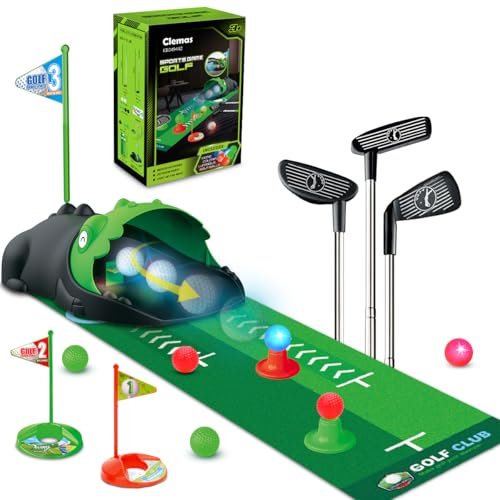 Clemas Minigolf Set Spielzeug für Kinder, 16PCS Indoor Outdoor Golfkoffer Spiel Set mit 3 bunten chläger, 6 Bälle, Putting Matte Spielzeug für Jungen