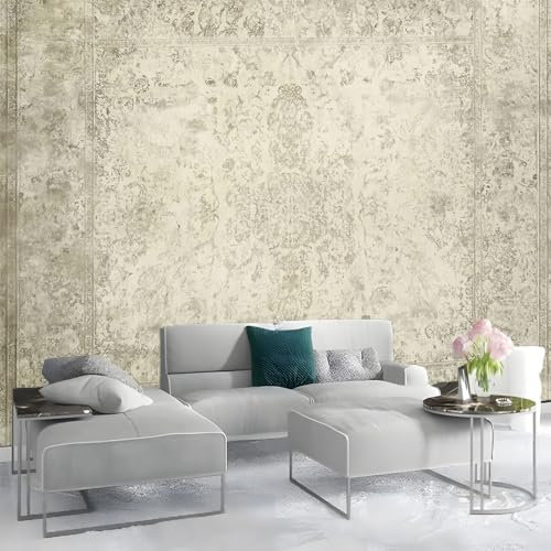 Fototapete 300x210cm Retro-Teppich Im Used-Look Muster 3D Effekt Hochwertige XXL Moderne Wanddeko Tapete, Beige Vlies Tapete Wandbild für Wohnzimmer Schlafzimmer Büro