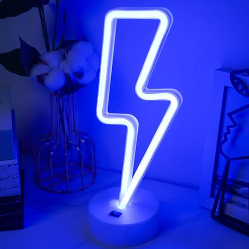 Insegne al neon con fulmine, luce notturna per camera da letto, alimentata a batteria/USB, luce al neon con base per camera da letto, illuminazione a LED, decorazione per la stanza per ragazzi (blu)