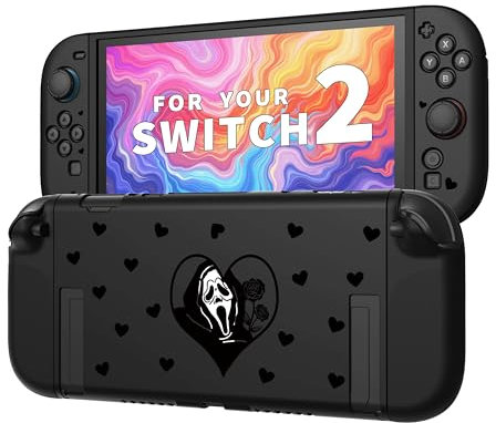JEMDO CUSTODIA COVER CASE COMPATIBILE CON Nintendo Switch 2 (2025) - TPU Case antiurto e antiurto ergonomico con manico antiscivolo, design nero con cuore e motivo gotico