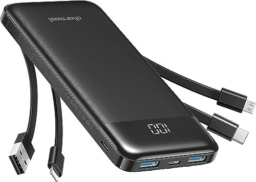 Charmast Portable Charger with Built in 4 Cables, 10000mAh Travel Essential USB C Battery Pack 6 Outputs 3 Inputs 3A Fast Charging Power Bank compatible with iPhone iPad Samsung and More (Black)