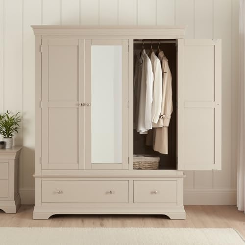 Wilmslow Dove Grey Painted 3 Door Triple Wardrobe with Mirror | Solid Wood Storage Cabinet with Hanging Rail & Shelves | Modern Rustic Bedroom Furniture | Spacious Wardrobe for Clothes, Accessories