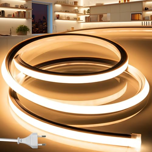 BRIMETI LED Streifen Aussenbereich 230V Neon LED Strip 3M Wasserdicht Lichtband IP65 Warmweiß Silikon Aussen Schlauch 120LED/M Outdoor Lichtleiste Band für Innen Heim Küche mit Netzteil