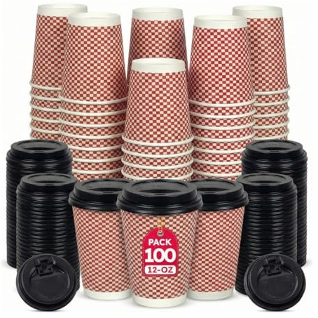 CR Snacking Premium RED 12OZ Takeaway Cups & LIDS (Pack of 100) - Disposable Coffee Cups for Takeaway, Catering, Barista, Office, Shop Supplies | Bulk Takeaway Drinkware Cup Covers