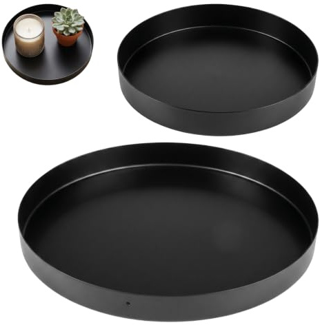 2 Stück Deko Tablett Rund Schwarz Metall, Ø 15 cm, Ø 20 cm, für Tischdeko | Hochwertiges Metall Serviertablett Schwarz Matt,Serviertablett Rund,Leicht Zu Reinigen,Korrosionsbeständig, erhöhte Kanten
