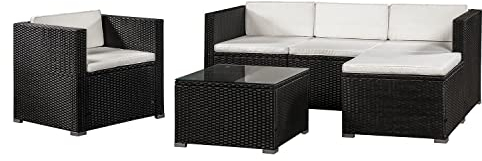 Juskys Polyrattan Lounge Punta Cana L für 4-5 Personen mit 3er Sofa, Sessel, Hocker, Tisch & Kissen, Sitzgruppe für Garten, Terrasse und Balkon, Gartenmöbel Set wetterfest - Schwarz/Creme