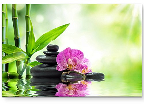 Paul Sinus Art Leinwandbilder | Bilder Leinwand 120x80cm pinke Orchideen schwarze Steine und Bambus auf dem Wasser