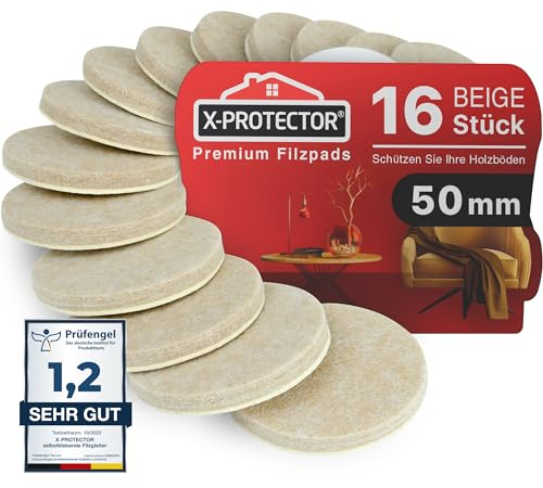 Feltrini per gambe di mobili X-PROTECTOR 16 pezzi 50 mm, Beige – Feltrini sedie migliori protezioni per pavimenti in legno – Feltrini per mobili pesanti proteggi il tuo pavimento in legno e laminato!