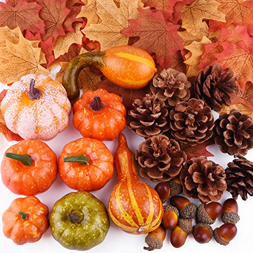 FEPITO 56 Stück Herbst Thanksgiving-Dekorationen, Mini Artificial Kürbisse, Tannenzapfen, Herbst Blätter, Eicheln für den Herbst Partydekoration, Herbst Dekorieren Kit Halloween Thanksgiving