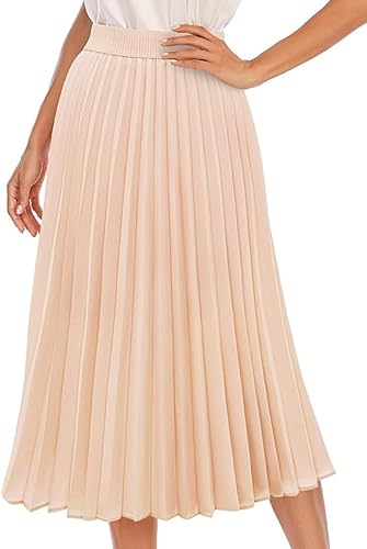 DRESSTELLS Damen Plissee Rock Chiffon Casual Strandrock Maxi Langer Faltenrock Champagne L