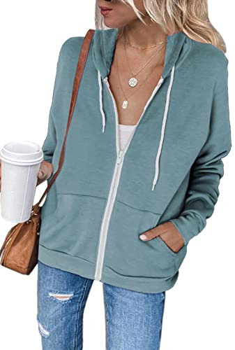 Maavoki Sweatjacke Damen mit Kapuze Einfarbig Damen Kapuzenjacke Full Zip Hoodie Sweatshirt Jacke für Damen, hellblau XL