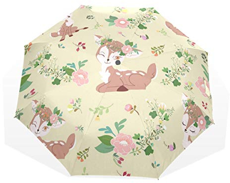 Rootti Regenschirm, 3 Falten, leicht, Cartoon-Design, niedliches Reh, mit einem Knopf, automatisches Öffnen und Schließen, winddicht, für Kinder, Damen und Herren