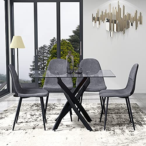 GOLDFAN Table à Manger Rectangulaire en Verre avec 4 Chaises en Tissu, Gris