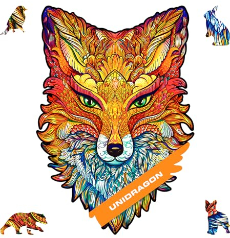UNIDRAGON Original Holzpuzzle — Feuriger Fuchs, 308 Teile, King Größe 10.6 x 15.7 Zoll (27 x 40 cm) Schöne Geschenkverpackung, Einzigartige Form Erwachsene und