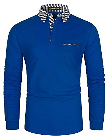 GHYUGR Men's Polo Shirt Long Sleeve Contrasting Plaid Splice Golf Tennis T-Shirt,Blue 2,L
