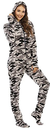Combinaison de Noël pour femme - Pyjama douillet - En flanelle - Camouflage - Grenouillère avec couvre-pieds - Combinaison en polaire avec capuche - Vêtement de nuit - Loungewear - Combinaison de