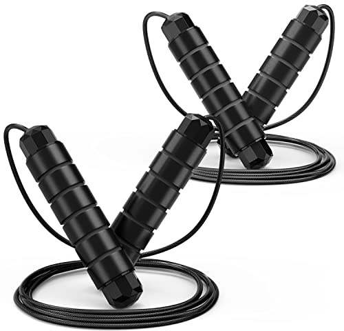 Loocio Jump Rope, Tangle-Free Rapid Speed Jumping Rope Cable with Ball Bearings for Women, Men and Kids, Adjustable Foam Handles Steel Ropes Fitness,2 Pack…, Black