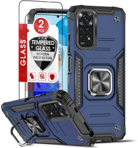 LeYi Hybrid Armor für Xiaomi Redmi Note 11 (6.43)/Note 11S Hülle mit 2 Stück Panzerfolie, Militär Standard Handyhülle Stoßfest Kratzschutz Schutzhülle Tough Case Cover mit Ring Halter Blau