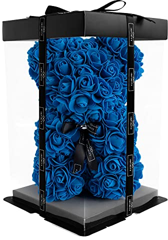 Infinity® Rosenbär Dunkelblau 25 cm – Handgefertigter Bär mit Geschenkbox & über 300 duftenden 3D-Rosen – Geschenk für Frauen, Geburtstag