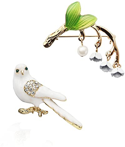 Acxico Lot de 2 broches tendance en forme de muguet + broche en émail blanc, Émail, strass