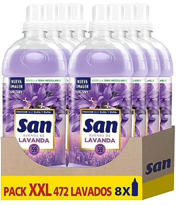 SAN | Suavizante Ropa Lavadora Líquido Concentrado | Fragancia Duradera Lavanda | Pack de 8 x 59 Lavados = 472 Dosis