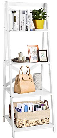 SFAREST 4-Tier Tall Ladder Shelf, Freestanding Plant Flower Stand and Bookcase Shelving Unit Rack, Leaning Wooden Storage Display Bookshelf for Living Room, Bedroom and Garden (White)