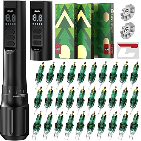 CNC Wireless Rotary Gun Tattoo Maschine Set Professionelle Pen Kit Core Motor 2000 mAH 2 Batterie mit 30 Pieces Tattoo Nadeln Needles Cartridges 3RL 5RL 15RM WEPROKIT-1