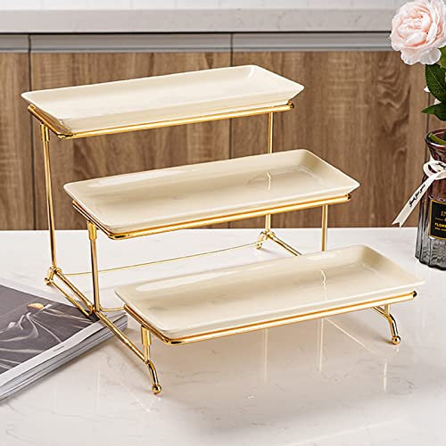 Fruit Chip Dip Bowl Set, 3 Tier Serving Stand with Collapsible Sturdier Rack and Porcelain Serving Platter Tier Serving Trays, Easy To Install, for Appetizer Food Display Dessert