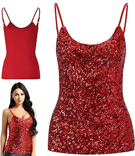 Morices Women's Sequin Tops, Sleeveless Glitter Camisole Vest, Adjustable Straps Daily Halter Tank Tops Blouse Tshirts for Night Club Party Performance Costume Red
