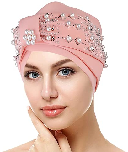 Damen Muslim Turban mit Perlen Chemo Beanie Cap Kopfbedeckung Damen Hijab Perlen Zopf Turban Hut Kopftuch Krebs Bandana Headwrap Cap Rosa