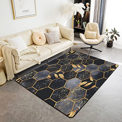 Wohnzimmerteppich, Wabenmuster, 150 x 200 cm, für Jungen und Mädchen, schwarzer Marmor-Teppich für Kinder, moderner Marmor, ästhetisch, dekoratives Teppich-Set, geometrisch, goldfarben, schwarz, für