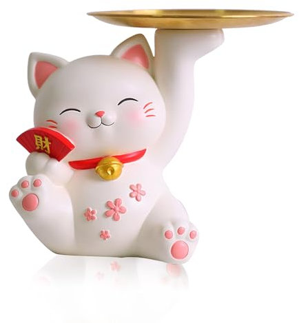 Tissting - Bandeja para llaves de madera para mesa de entrada, decoración moderna de resina para gatos fortuna, bandeja de asas con 4 soportes de almacenamiento suspendidos para anillos (Fortune Cat