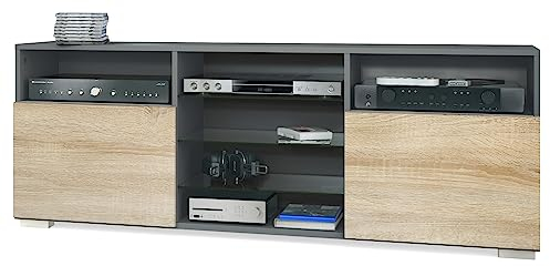 Vladon TV-Board Granada, Lowboard mit 2 Türen und 6 offenen Fächern, Korpus Anthrazit matt, Fronten in Eiche sägerau (146 x 54 x 35 cm)