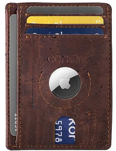 Airtag Porte-cartes en cuir vegan pour cartes et espèces, marron, Slim, Porte-cartes