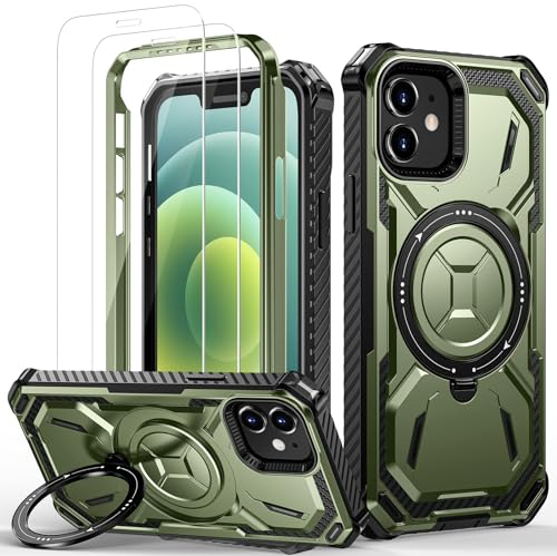 Lanhiem für iPhone 12 Hülle, für iPhone 12 Pro Hülle mit 2 Stück Schutzfolie, 360 ° Ring Ständer Schutzhülle, Militärischer Stoßfest Handyhülle für iPhone 12/12 Pro Case, Grün
