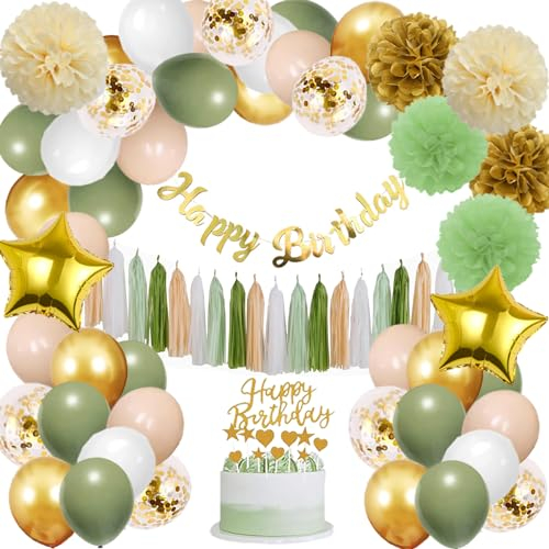 WOIRROIP Geburtstagsdeko,12 Salbei Grün Gold Konfetti Ballons Kit, Grün Weiß Metallic Gold Party Ballons mit Bändern für Geburtstag, Hochzeit, Baby-Dusche, Graduierung, Eukalyptus Party Dekorationen