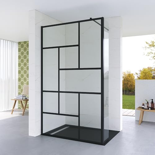 Duschwand Glas Schwarz matt Duschabtrennung 100 x 200 cm Echtglas 8 mm Dekor Kariert Duschtrennwand Duschglaswand Glaswand Walk in Dusche Glastrennwand 30 cm Spritzschutz Seitenteil Nebenteil NANO
