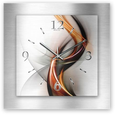 Kreative Feder 3D Designer-Wanduhr aus gebürstetem Aluminium leise Wanduhr ohne Ticken quadratisch 40x40cm (Abstrakt Flamme, leises Quarzuhrwerk)