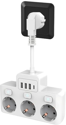 Fivtsme Steckdosenleiste mit USB,3 Fach Mehrfachsteckdose mit Schalter,Mehrfachstecker für Steckdose,7 in 1 Steckdosenadapter mit 3 USB +1 Type C,3600W 16A Doppelstecker für Steckdose für Zuhause Büro
